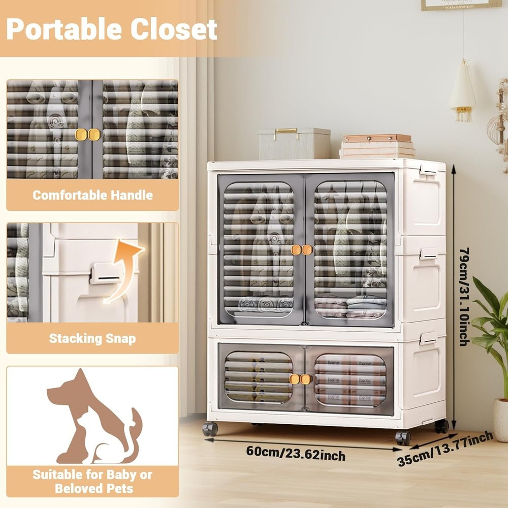 151QT Stackable Storage Bin with Wheels & Hanging Rod Large Organizer with Doors
