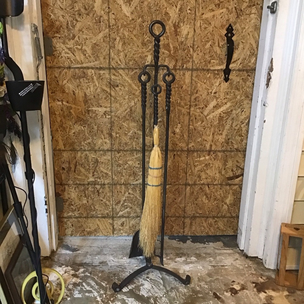 Fire place tool set, three piece with stand hand forged