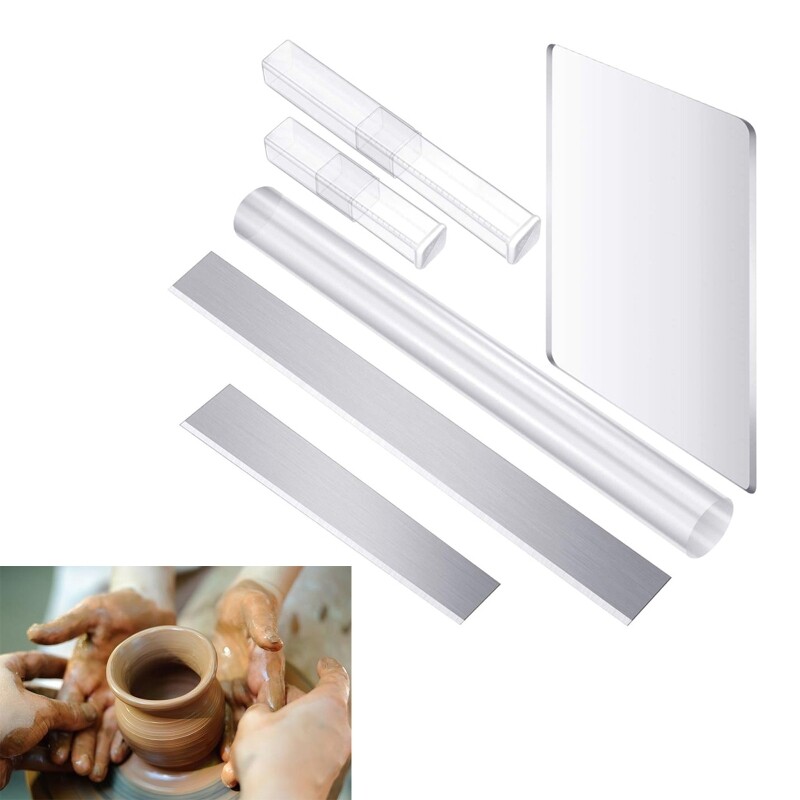 6 Pcs/Set Acrylic Clay Roller Set with Rectangle Shape Backing Board Mud Scraper