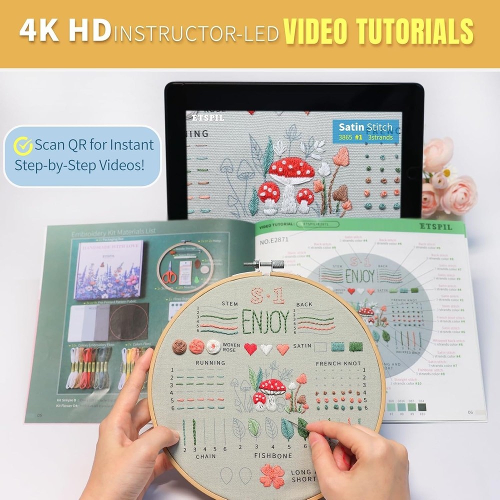 Embroidery Kit for Beginners, Easy Step-by-Step 4K Video Tutorials for Adults...