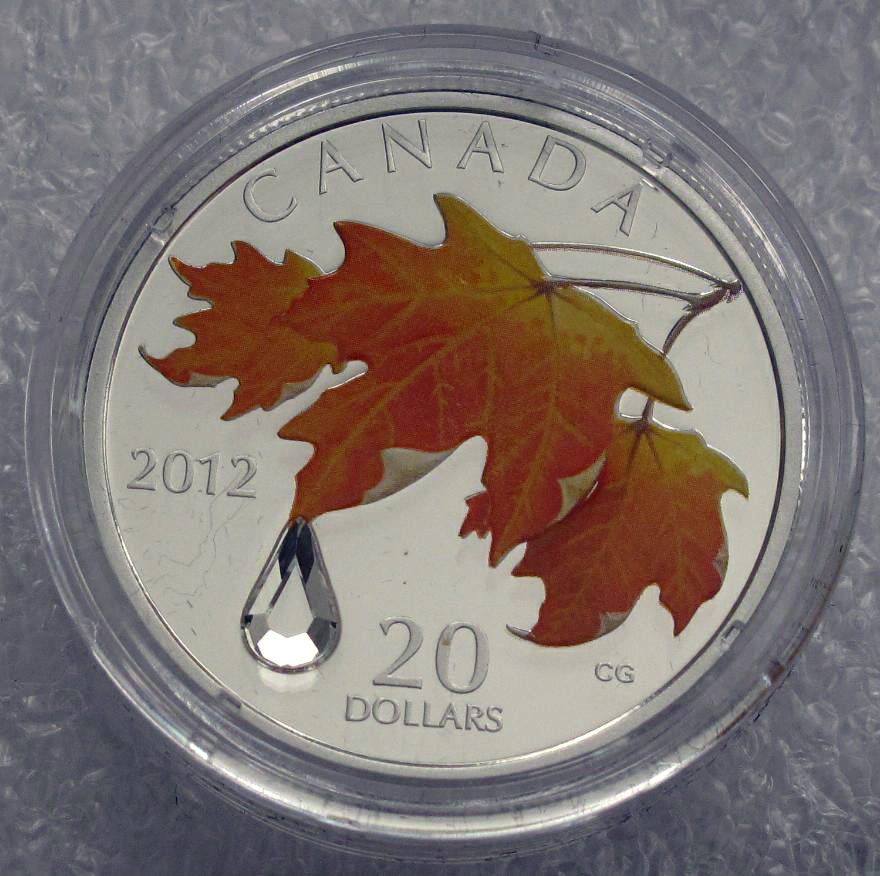 2012 CANADA SILVER 20 DOLLARS MAPLE LEAF CRYSTAL RAINDROP PROOF