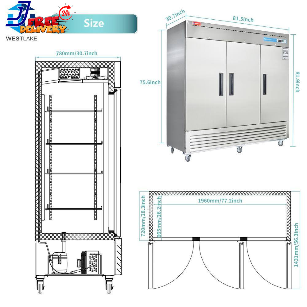 82 In. W. 72 Cu. Ft. Commercial Refrigerator 3-Solid Door Electronic Control Sys