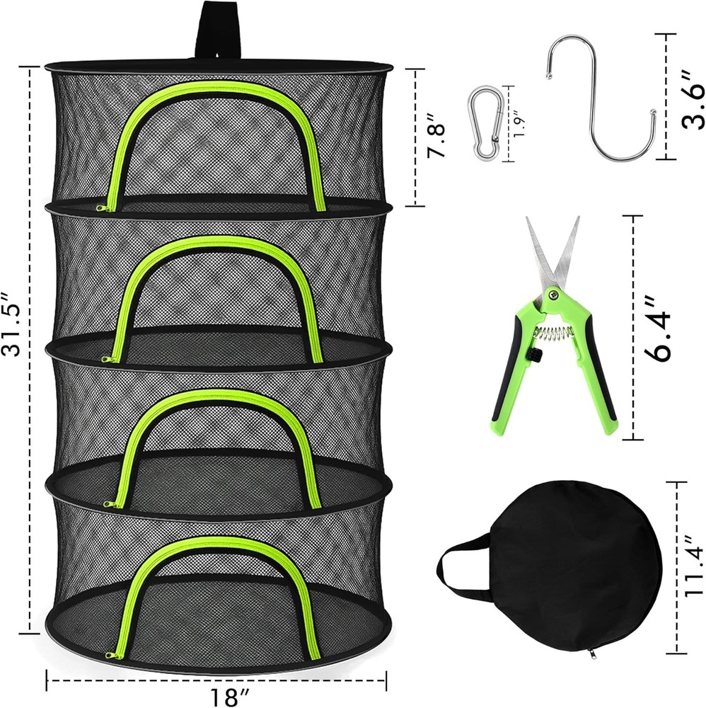 Herb Drying Rack Hanging Mesh 4 Layer 18" W/ Zipper Garden Pruning Shear Hook &