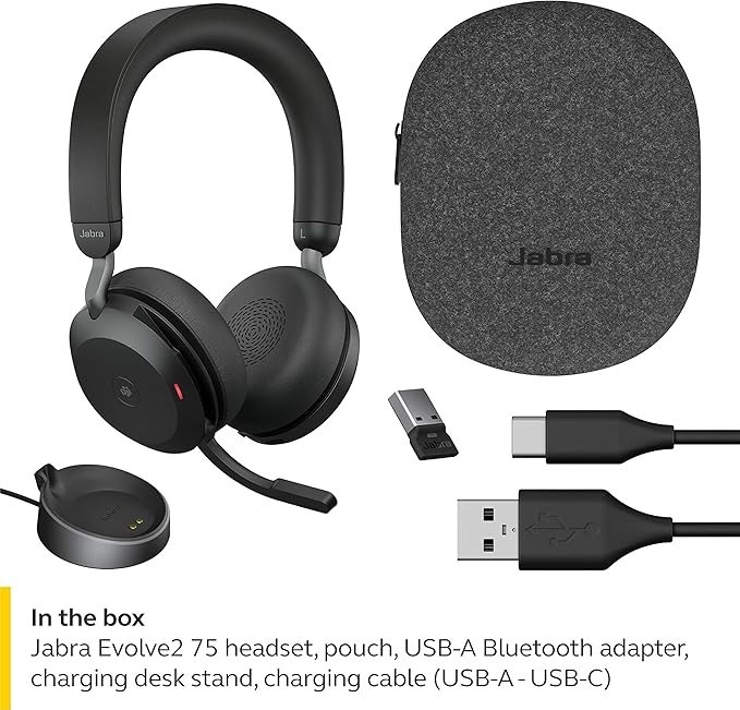 New Jabra Evolve2 75 Bluetooth Wireless Headset - Black, USB-C, Charging Pad