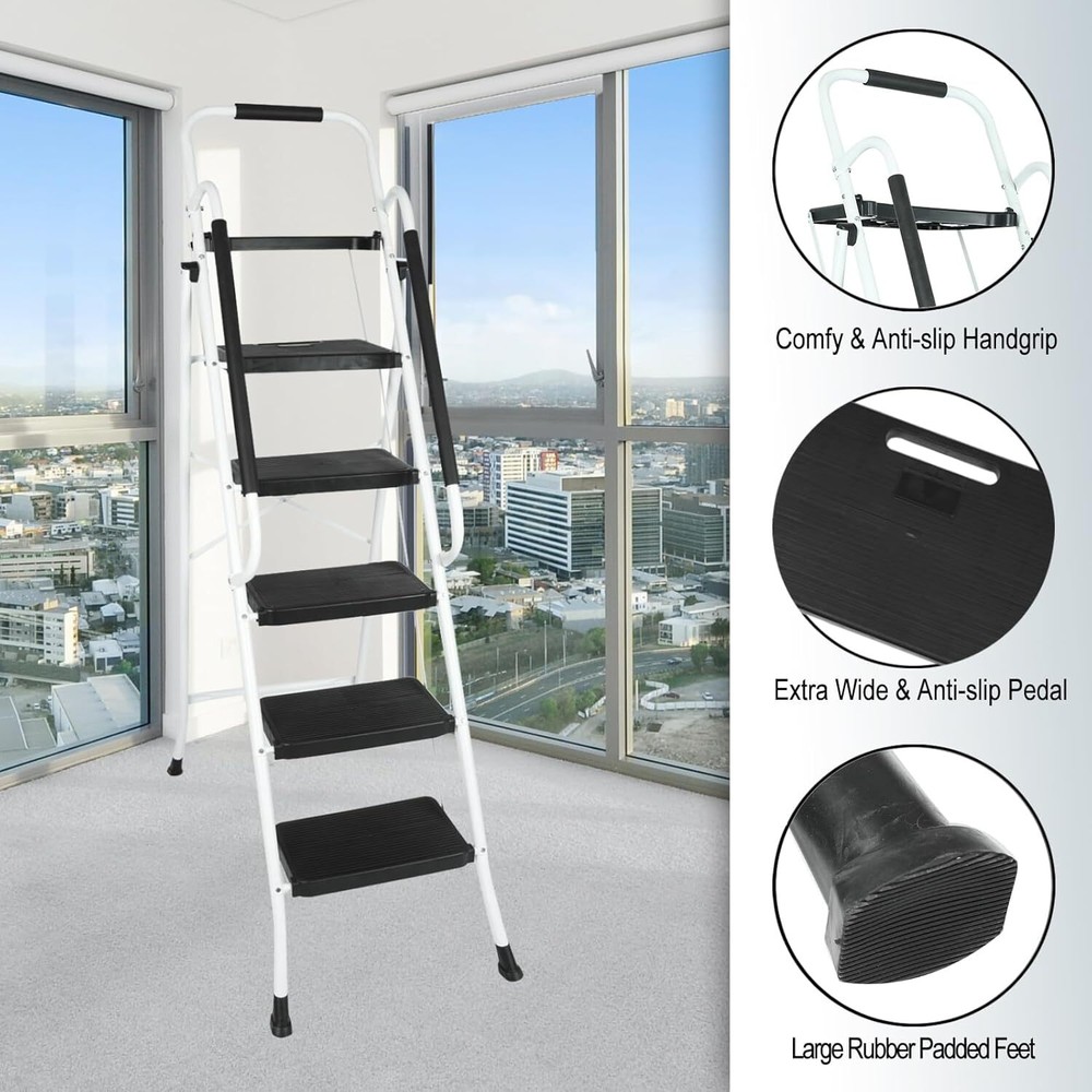 5 Step Ladder Handrails & Tool Tray Platform 330 lbs Folding Step Stool Ladder