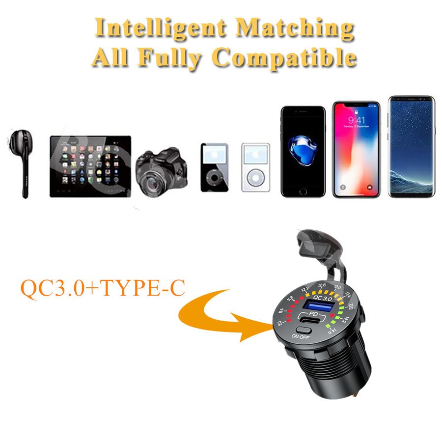 Type-C QC3.0 USB Car Fast Charger Power Socket Outlet W/LED Voltmeter 12V-24V