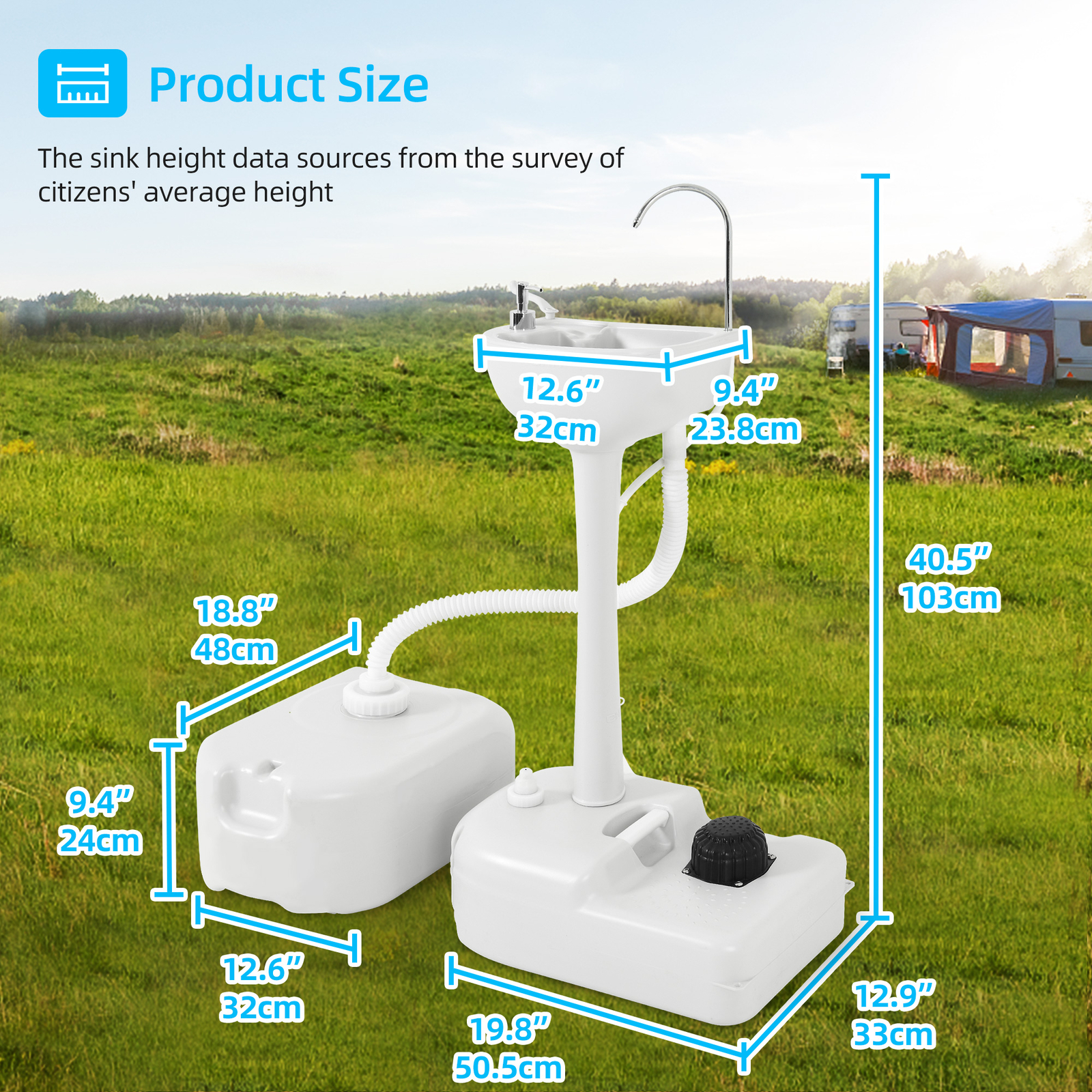 Portable Wash Sink Camping Sink Wash Basin Stand with 24L Recovery Tank Wheels