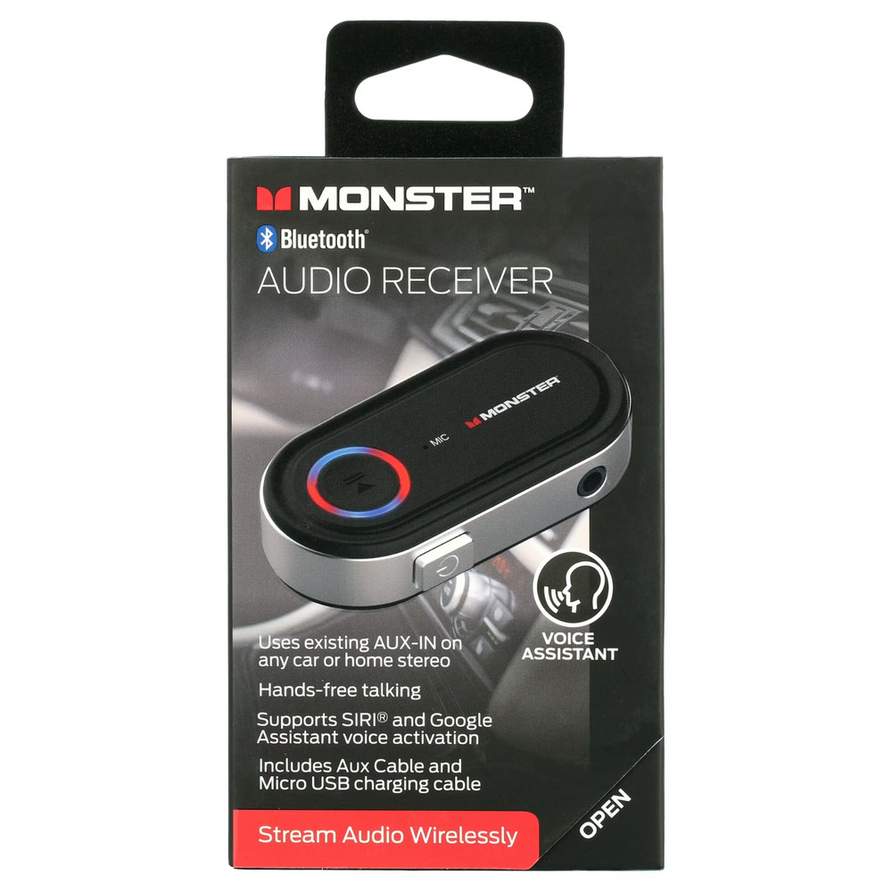 Monster Bluetooth Receiver for Car & Home, 3.5mm Aux, Mic, Voice Assistant
