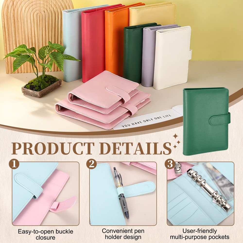 A6 PU Leather Binder Protector, 6 Ring Loose Leaf Notebook Shell, Green