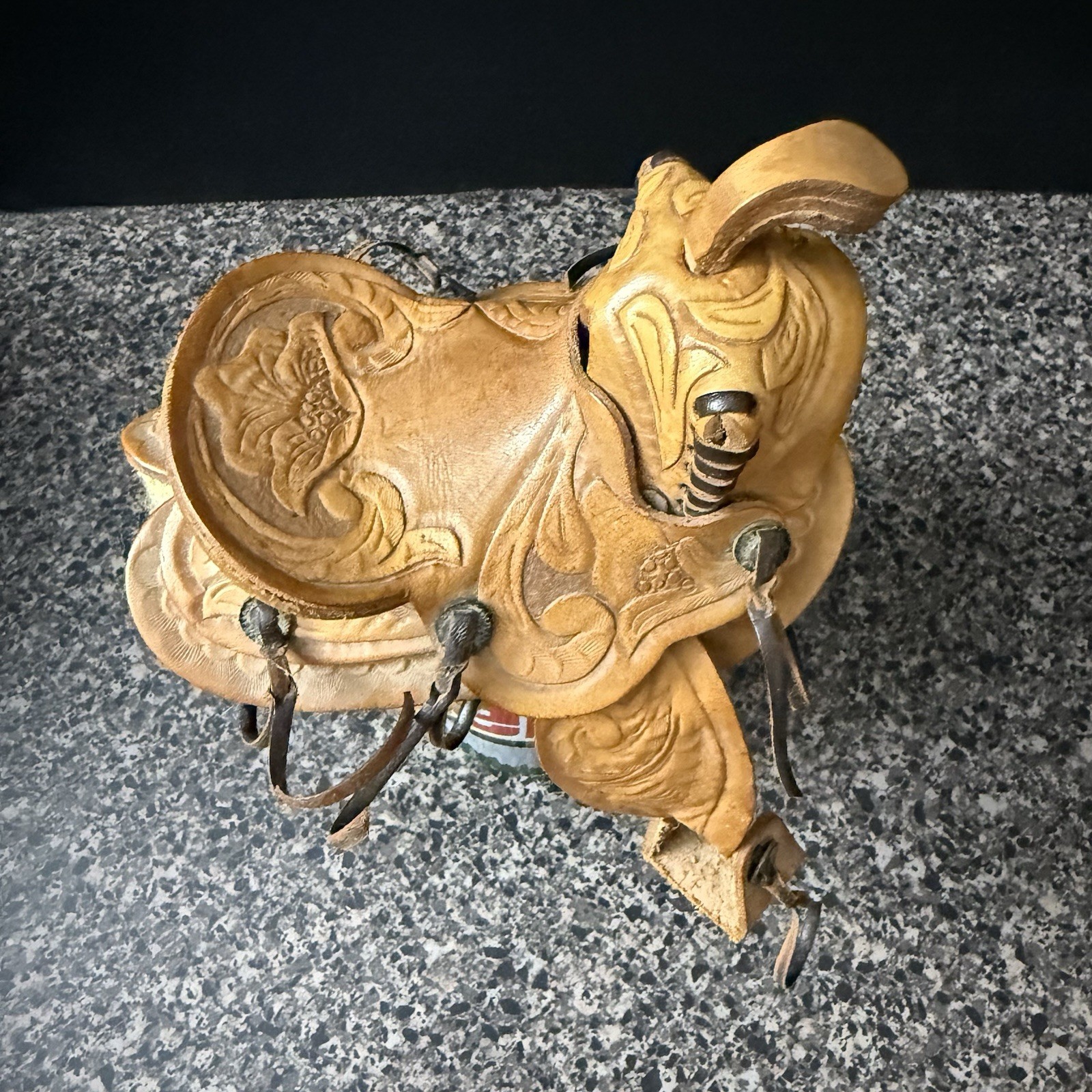 Vintage Western Mini Leather Saddle Cowboy Ranch Decor Shearling Tooled 6”x4.5”