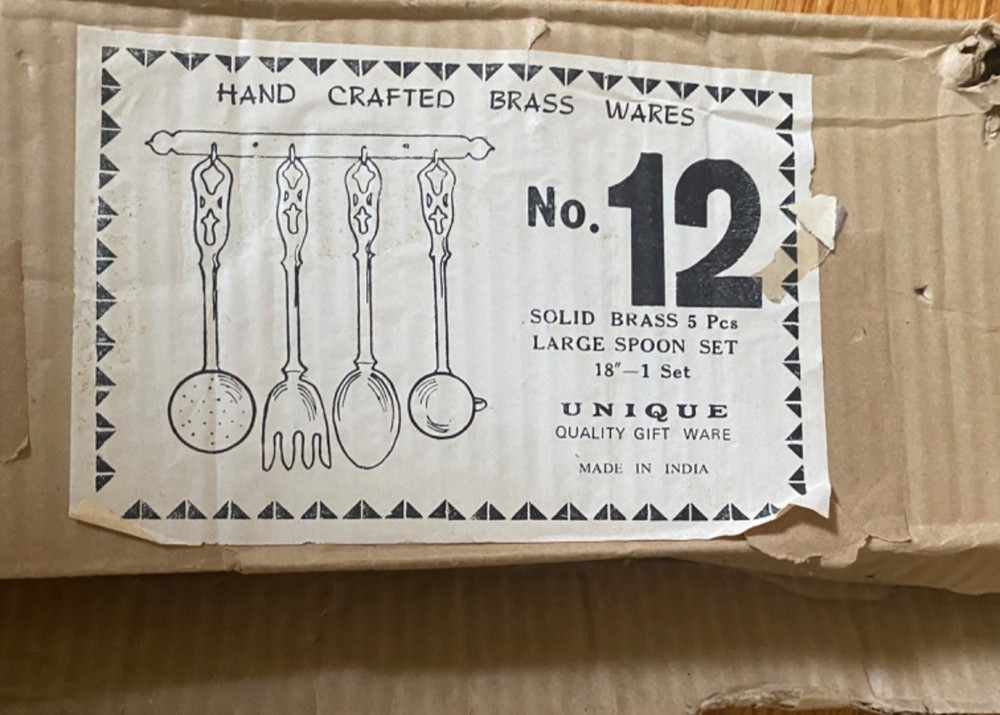 5 Piece Solid Vintage Brass Handcrafted Kitchenware Set - 18" Tall- New w/Box