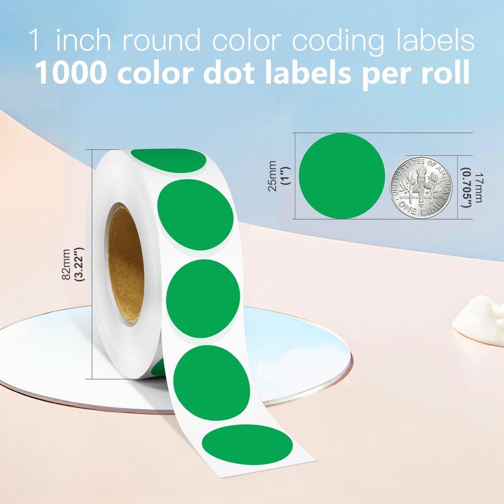 1 Inch Round Color Coding Labels, 1000 Dots Per Roll Green Color Coded Dot St...