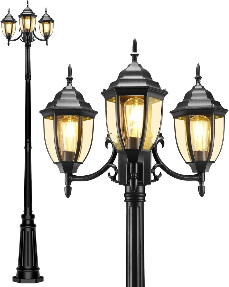Lamp Post Outdoor Lighting, 3-Head Black Hard Wired Pole Extra Large,