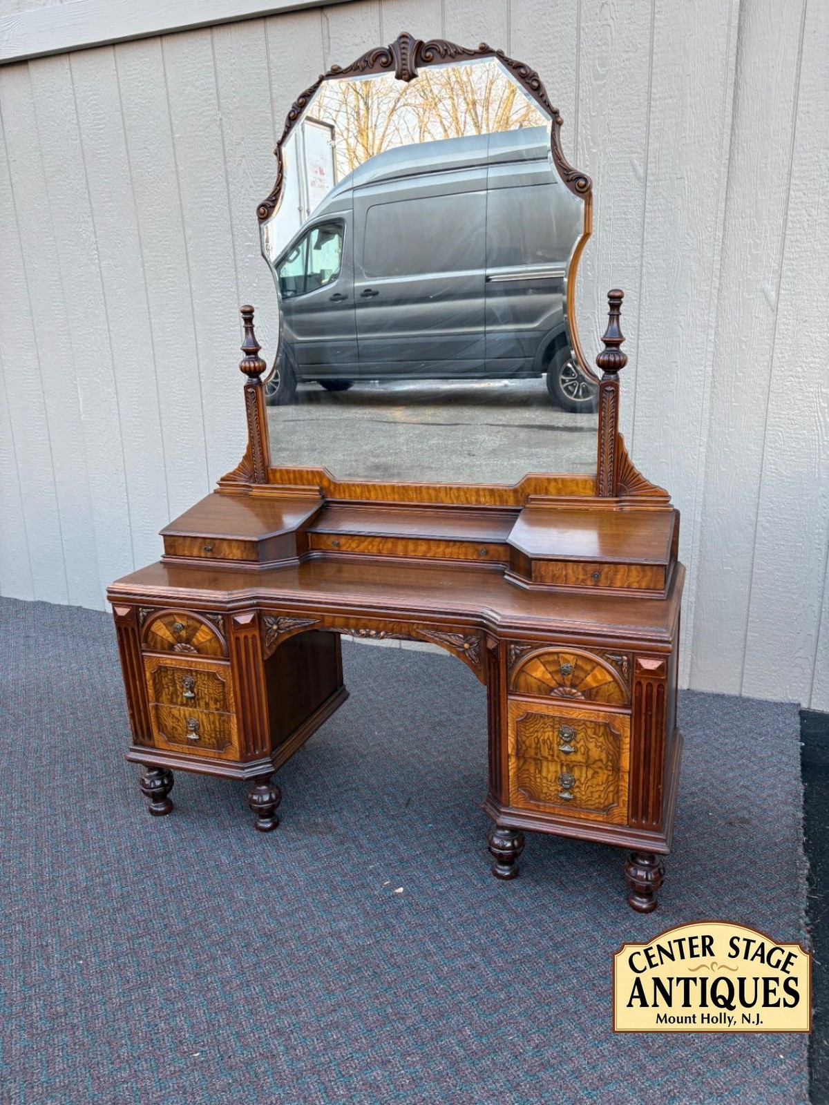 67476  Antique Walnut Vanity with Mirror, Ornate Carving and Drawers