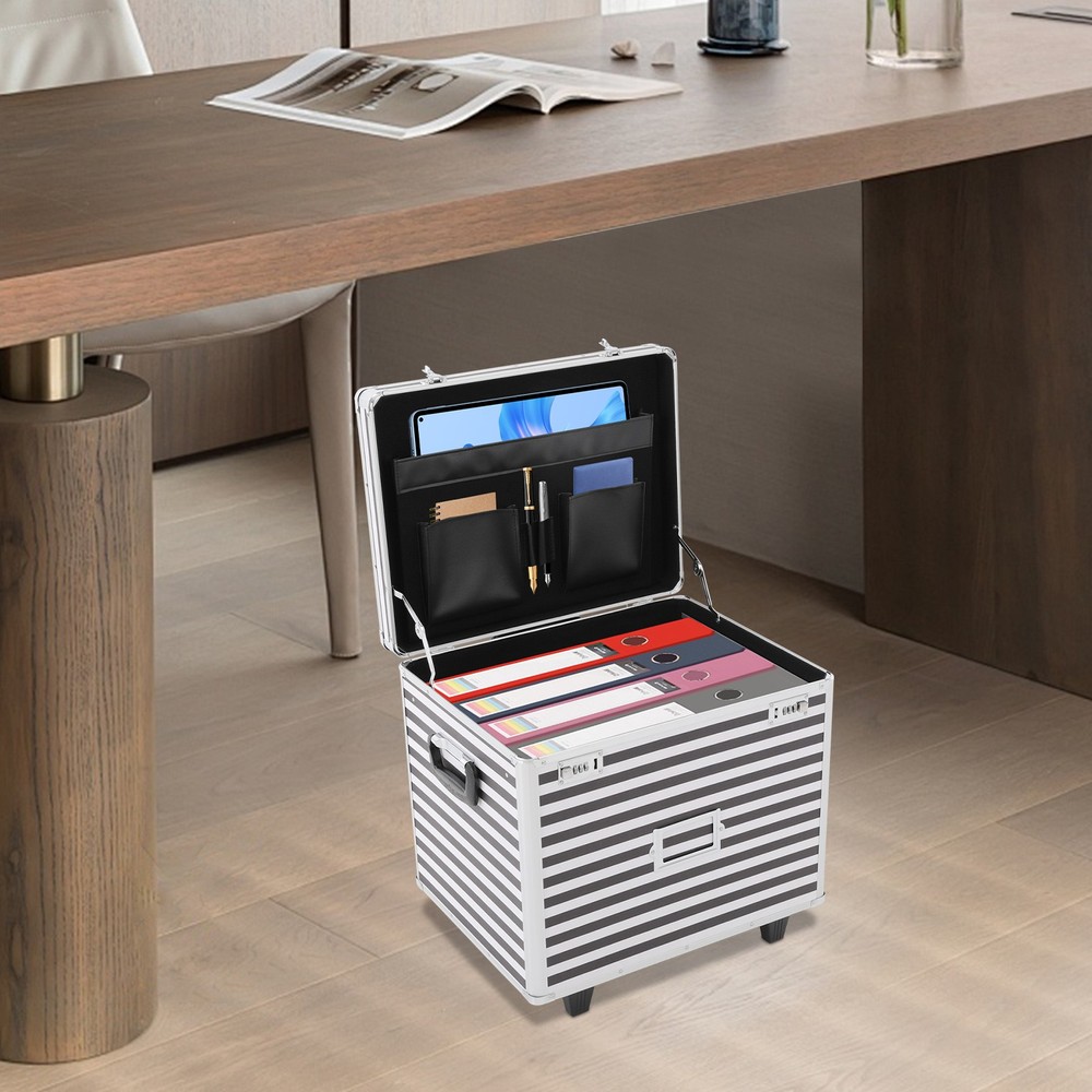 Striped style Rolling File Storage Case, Lockable File Box with Telescopic Pole