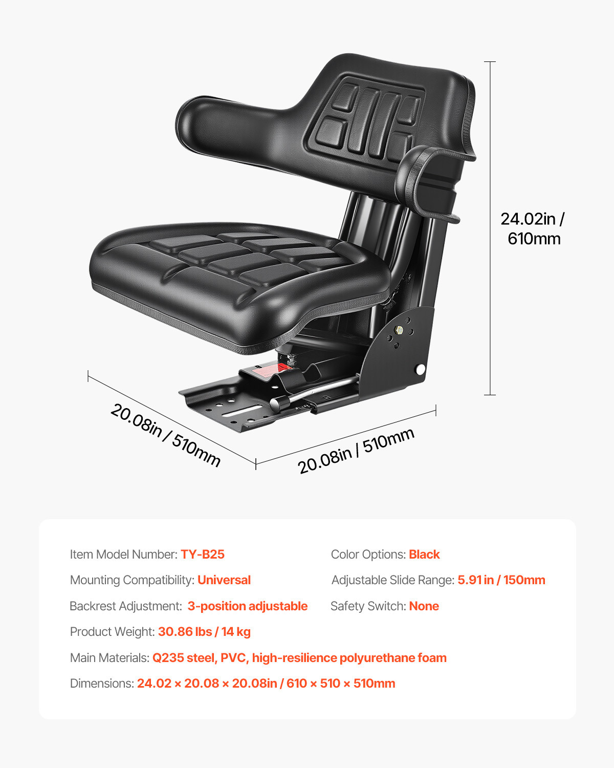 Tractor Suspension Seat Adjustable Forklift Seat Waterproof Seat Mower Digger