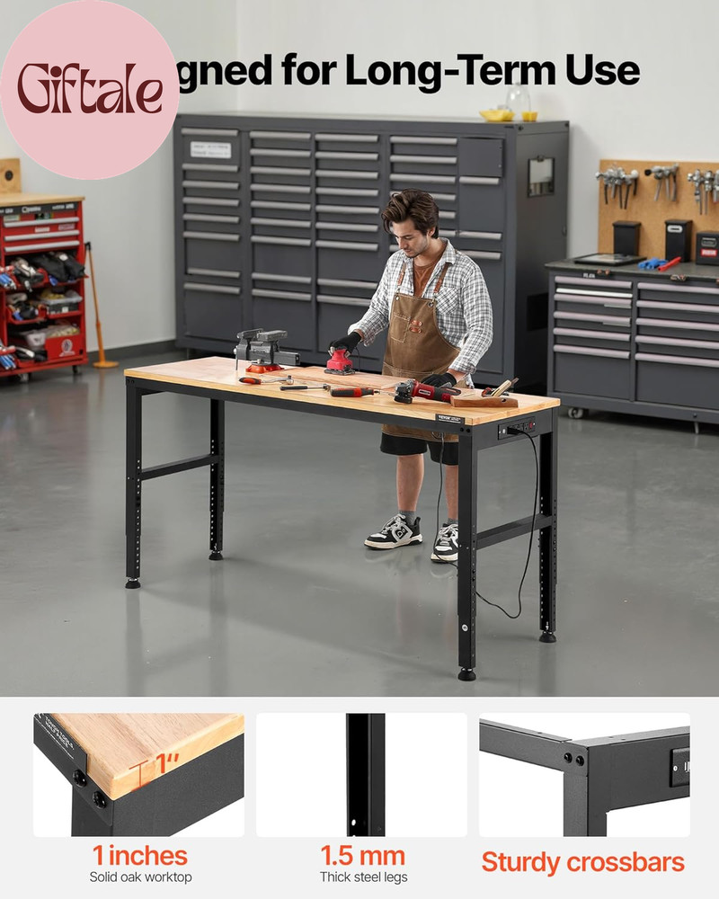 Adjustable Workbench, 2000 Lbs Capacity, 61 X 20-Inch Heavy Duty Work Bench with