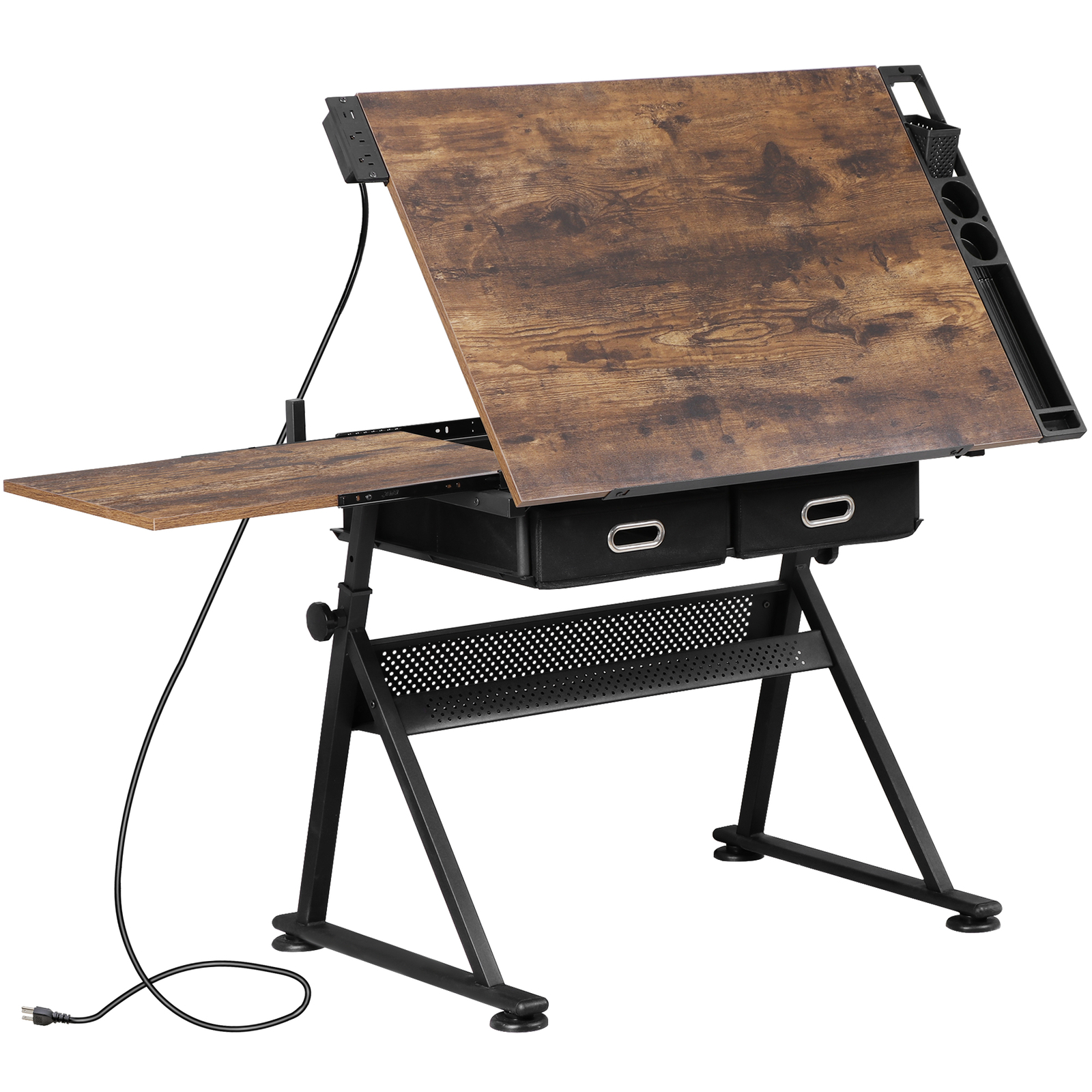 Drafting Table Drawing Desk Adjustable Tabletop w/Charging Station & Stool Retro