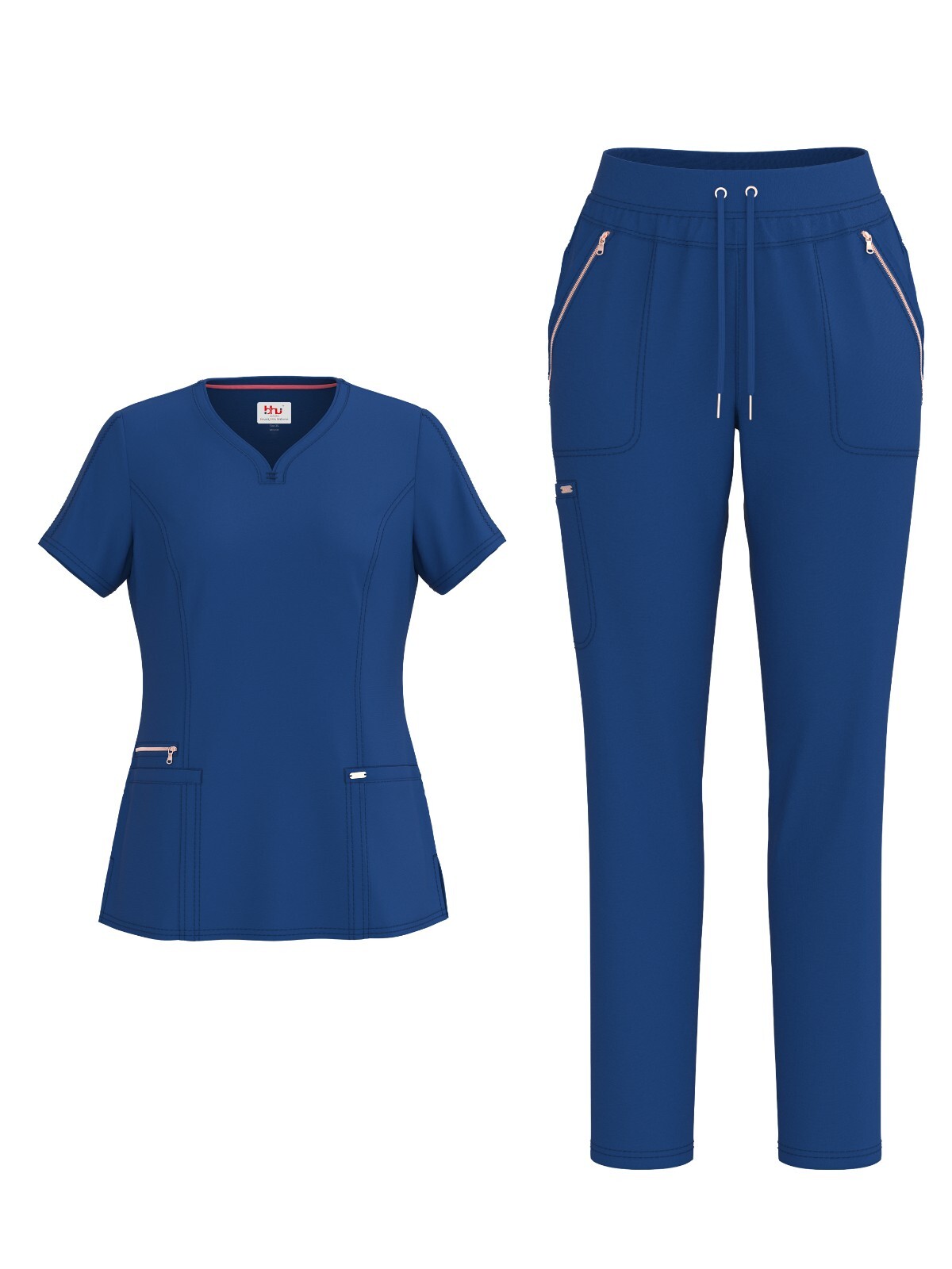 Women's 4 Way STRETCH Sweat Heart Neck Top with Zipper Cargo Scrub Pants