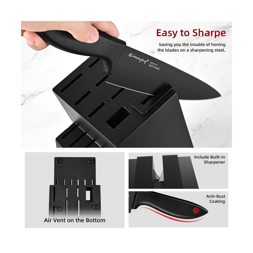 Emojoy 15Pcs Kitchen Knife Set with Block and Built-in Sharpener, Stainless S...