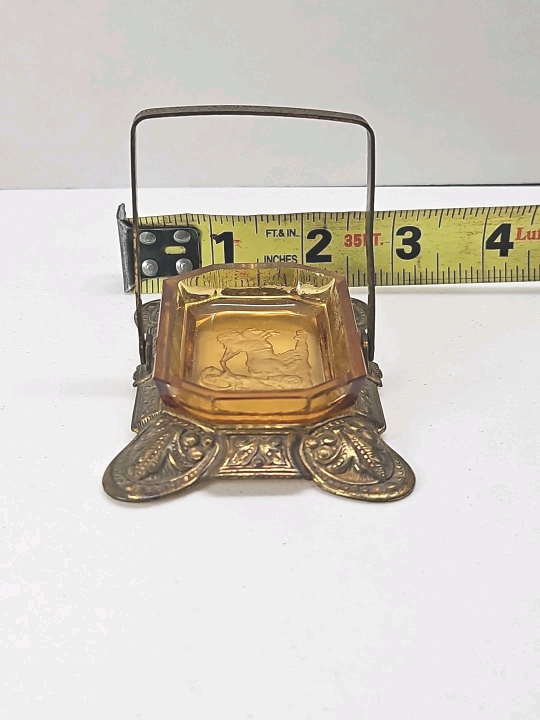 Antique Czech Amber Glass Salt Cellar Intaglio Design Ornate Brass Holder RARE