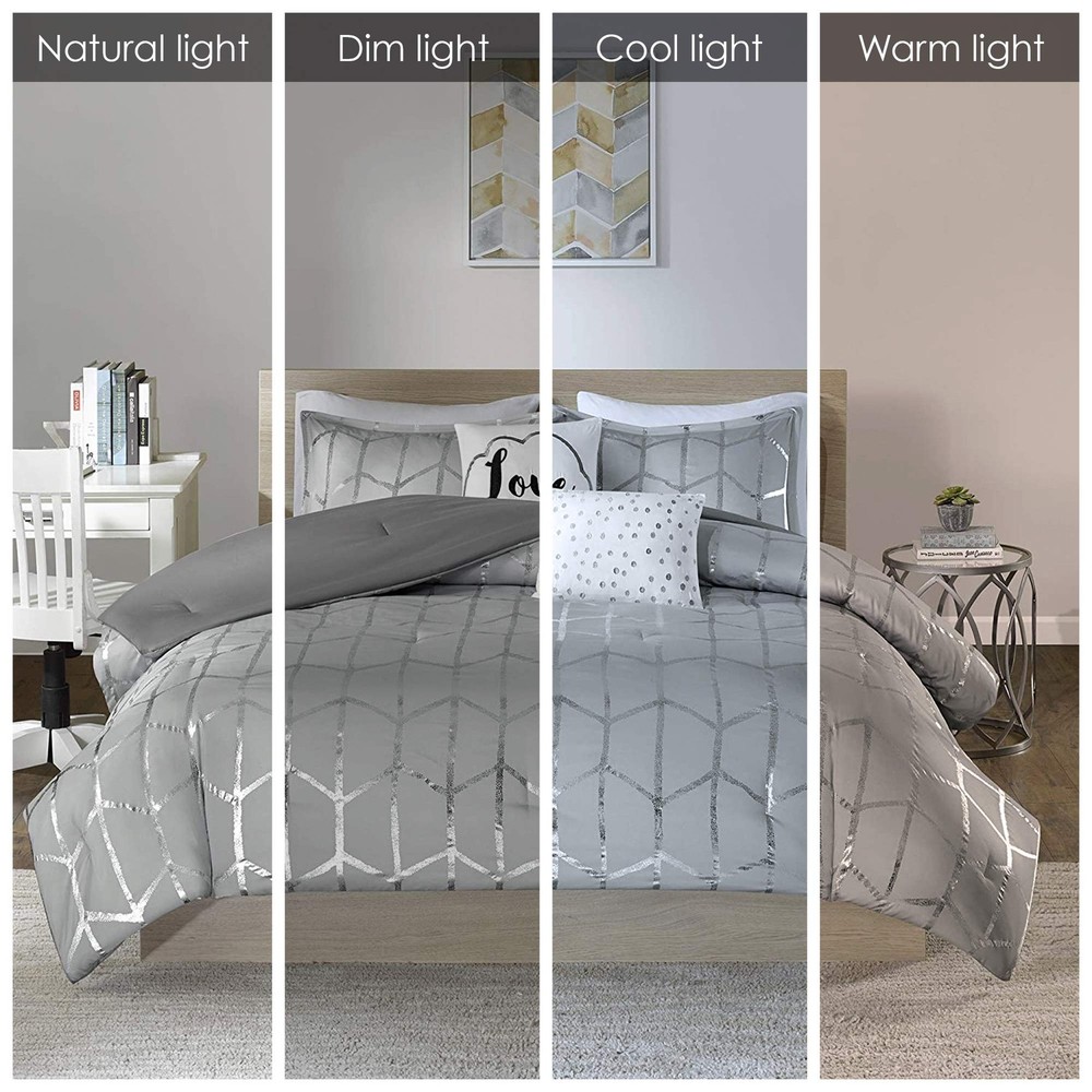 Intelligent Design Raina Comforter Microfiber Metallic Print Geometric