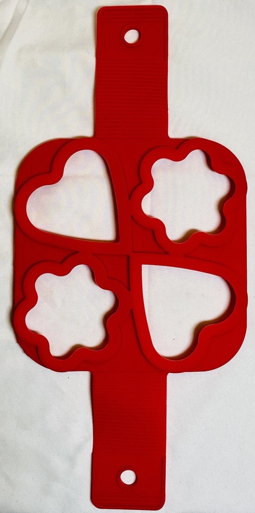 Red Silicone Egg Pancake Maker Ring 4 Molds - 2 Heart & 2 Flower Shape Non Stick