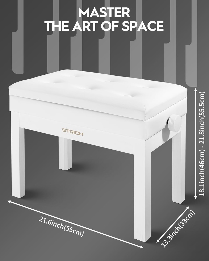 STRICH Adjustable Cushioned Piano Bench w/ Storage (WHITE)