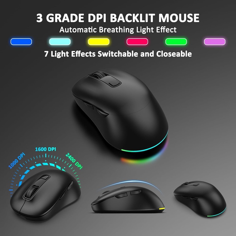 Wireless Keyboard and Mouse, 9 Backlit Effects with Wrist Rest, 6 Button Mouse