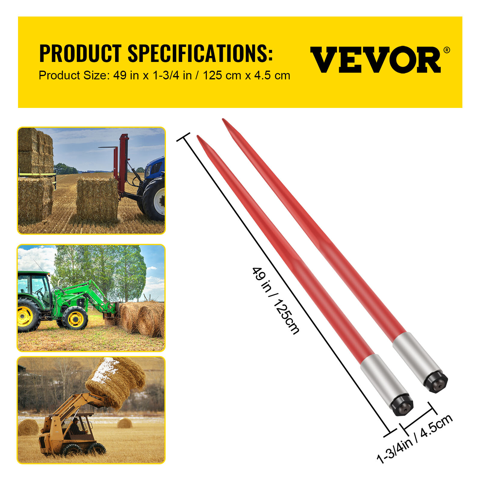 VEVOR 2Pcs Hay Bale Spear 49" 4500 lbs Capacity Spike Fork for Tractors Loaders