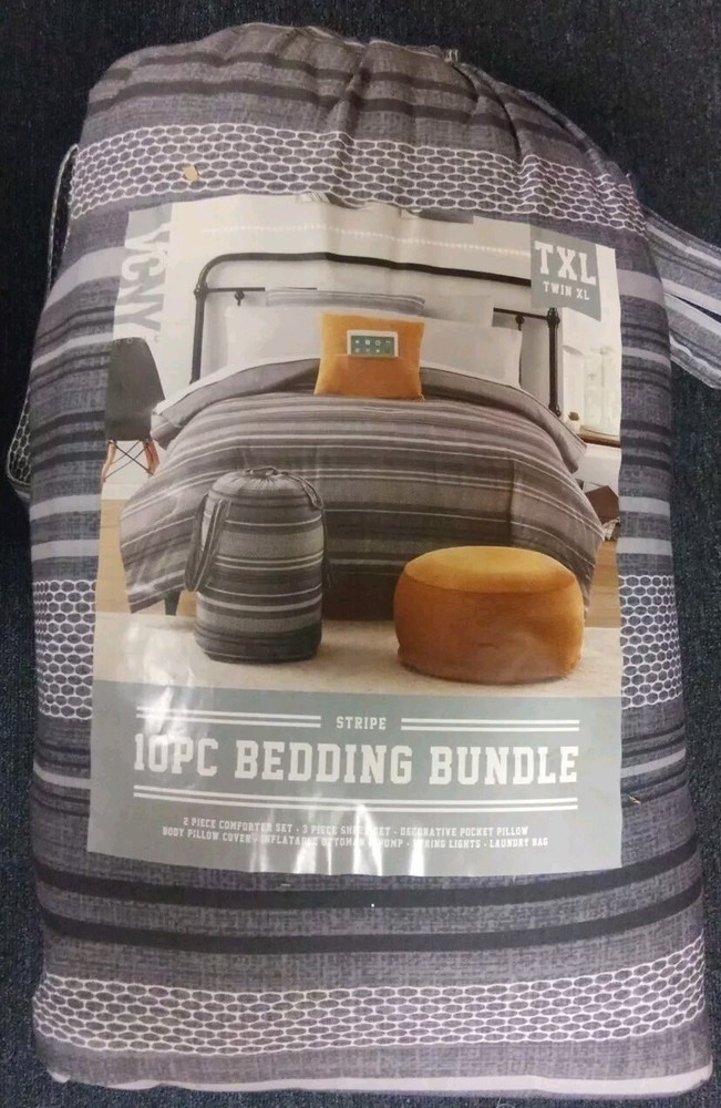 Stripe 10Pc Bedding Bundle Comforter Set W/String Lights & ...See Description