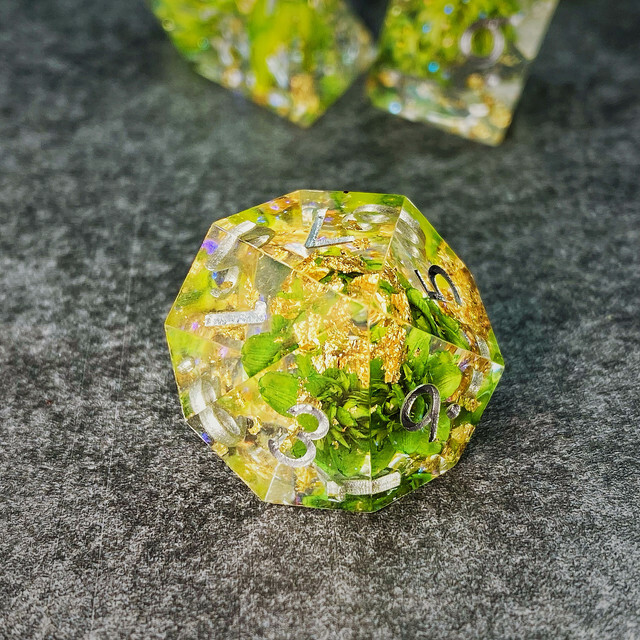 Sage’s Enchanted Flower Green Sharp Edge Resin Polyhedral Dice Set DnD