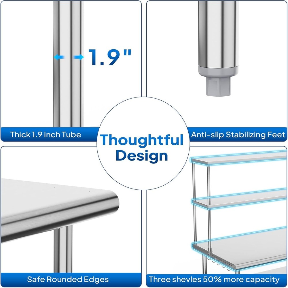 Commercial 48"x30" SS Prep Table NSF Certified, Heavy Duty, Hooks & Undershelf