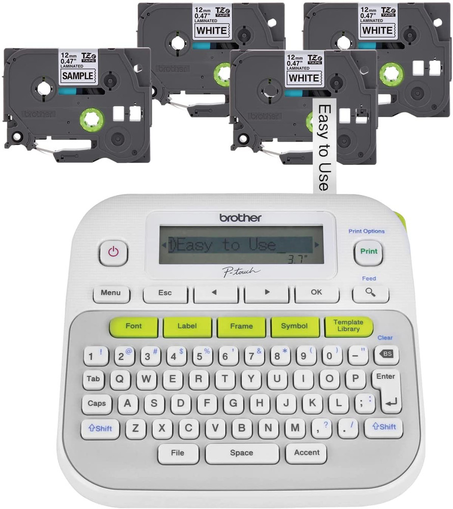 P-Touch, PTD210, Easy-To-Use Label Maker Bundle (4 Label Tapes Included), White,