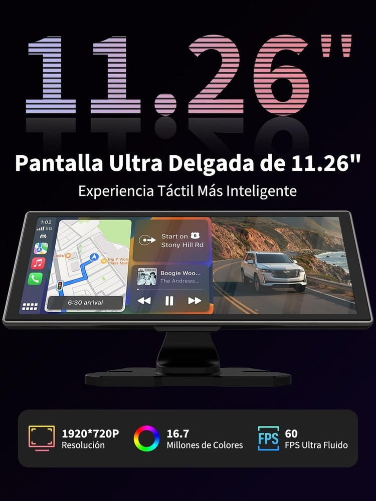 Largest Portable 11.26'' Wireless CarPlay/Android Auto Screen with 2.5D 1920x...