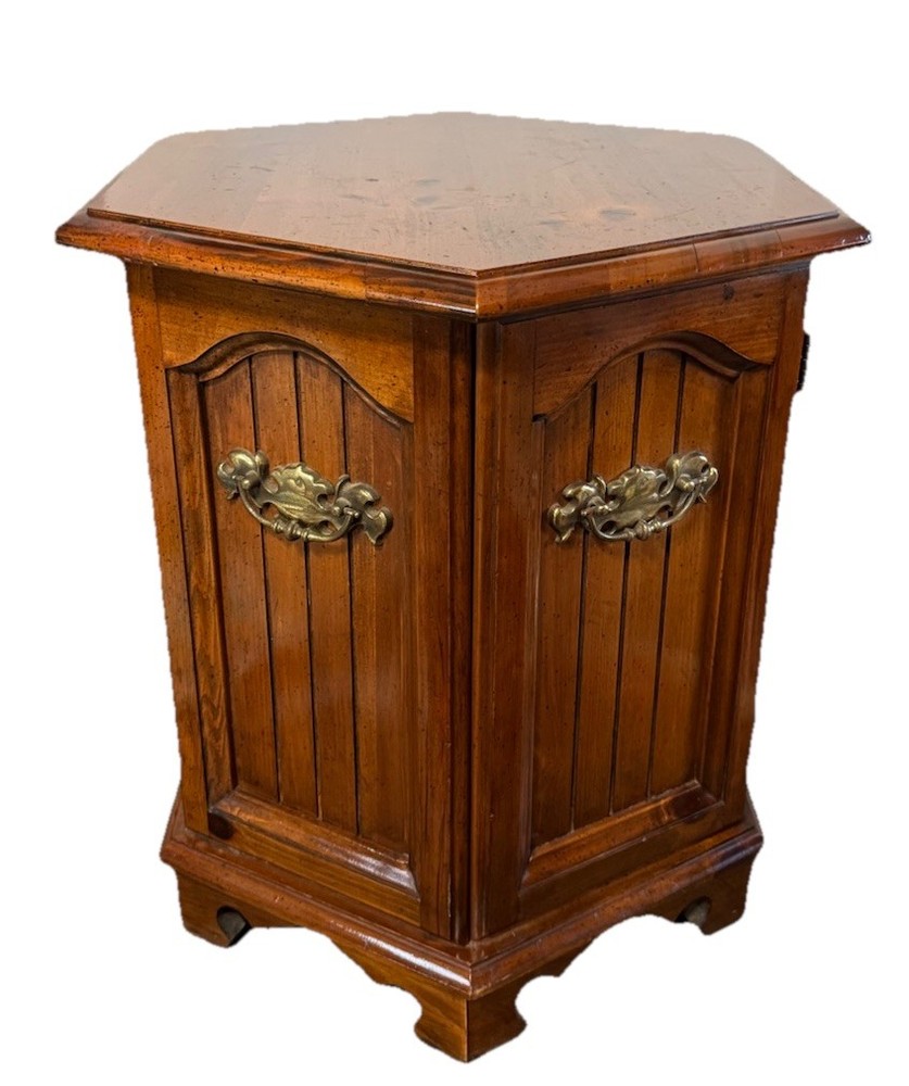 Vintage Solid Wood Hexagon End Table / Side Table With Storage And Brass Handles