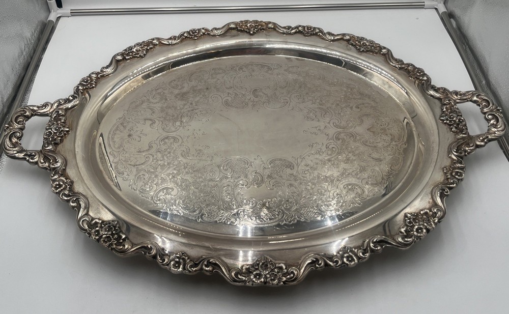 VTG Silverplate Large Footed Floral Butler Heavy Silver Serving Tray 30" X 20”