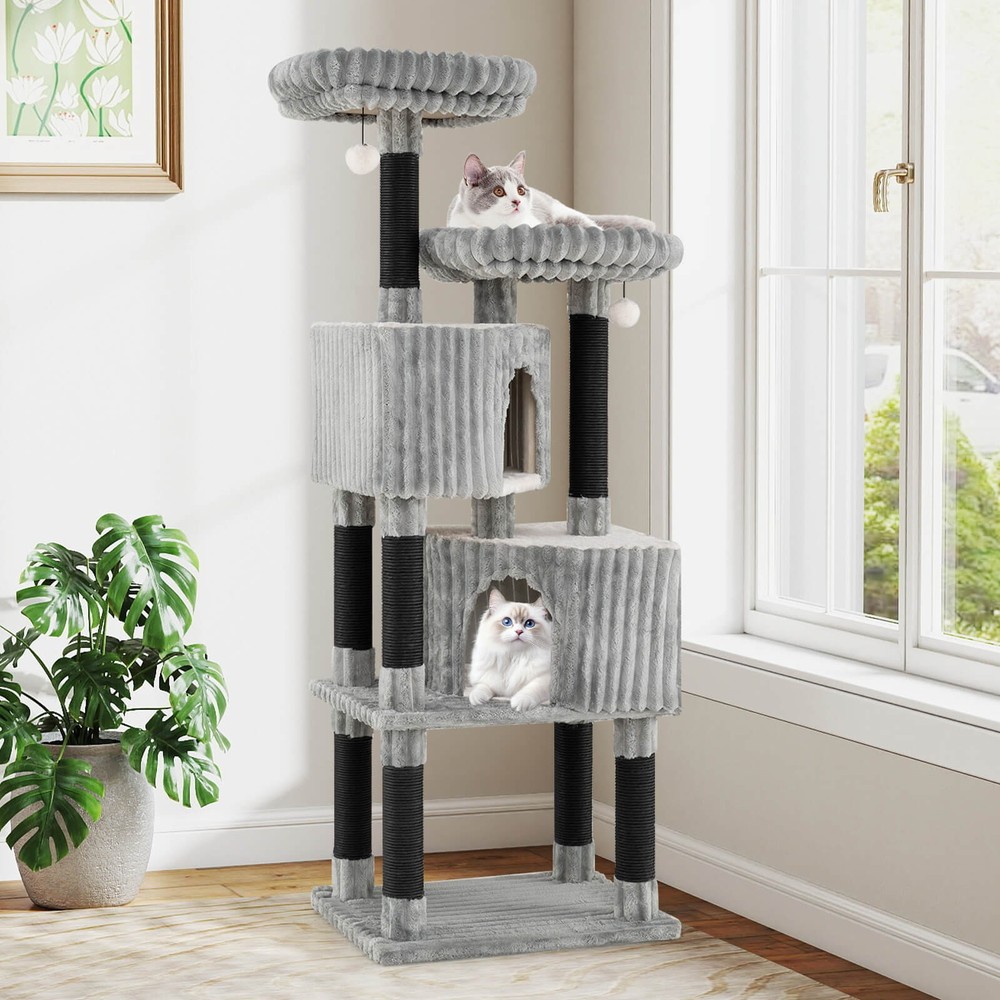 Large Multi-level Cat Tree w/2 Condos, 2 Perch Beds, Scratching Posts, Balls
