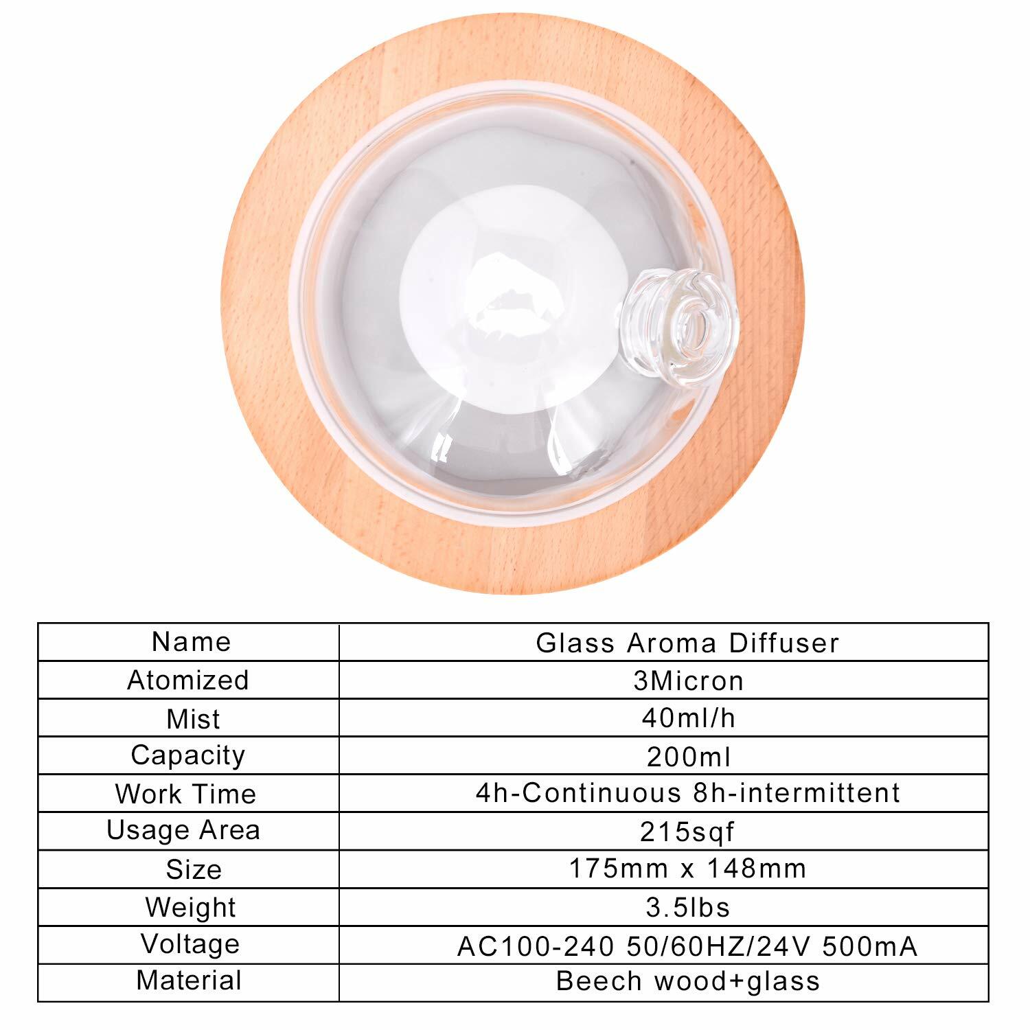 Glass Essential Oil Diffuser,200ml Real Wood Base,AirRoom Humidifier