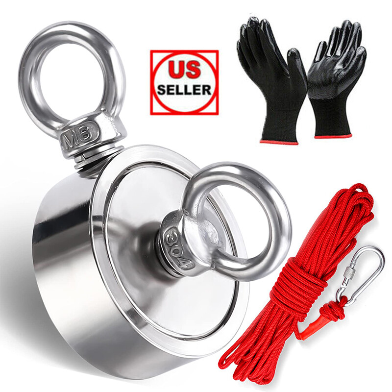 Fishing Magnet Kit Up to 1800 Lbs Pull Force Strong Neodymium + Carabiner + Rope