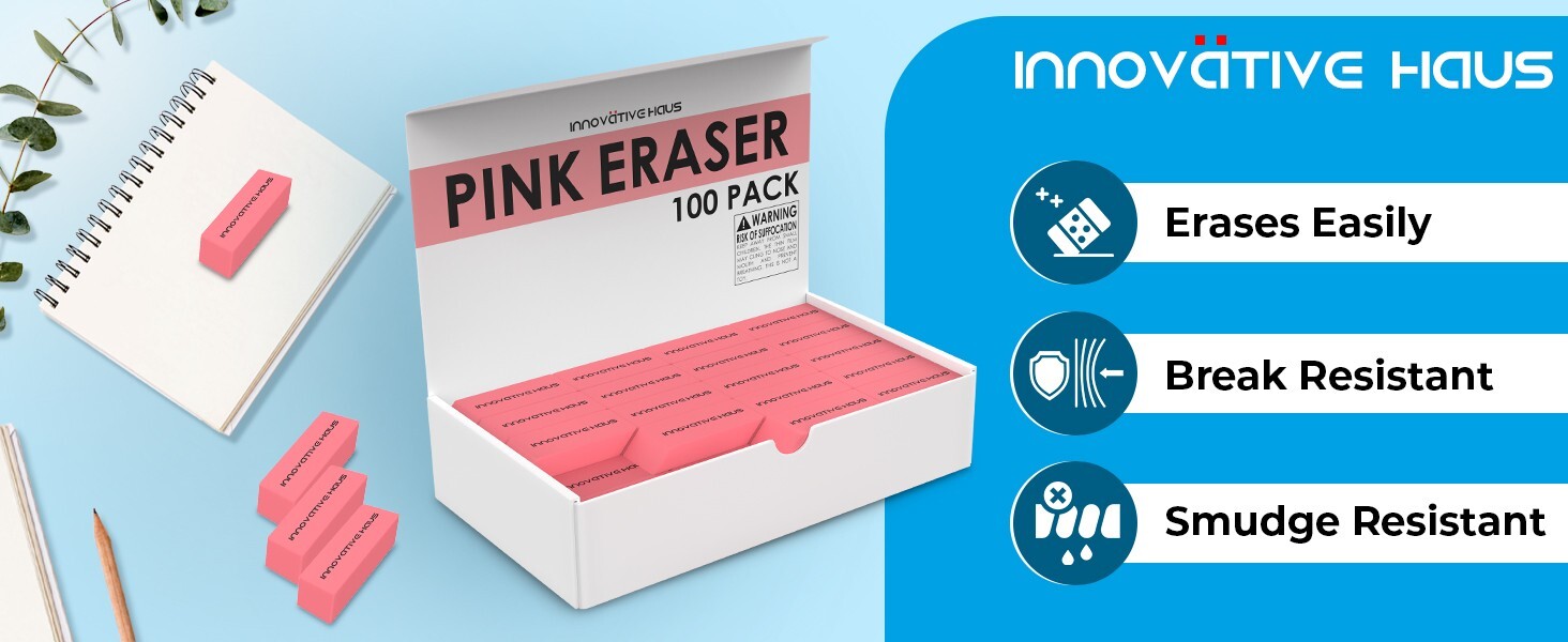 Pink Erasers Bulk - Latex Free - Smudge Resistant - Large Pink Eraser - Big Size