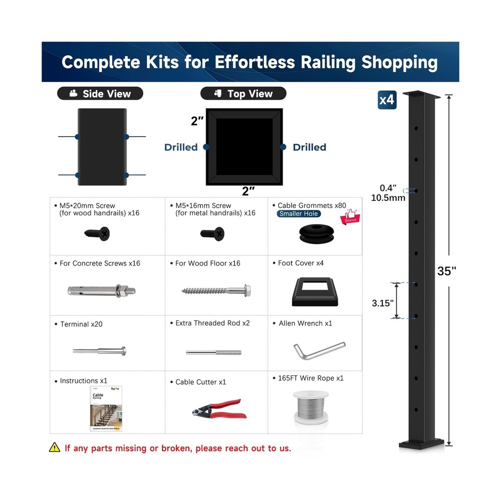 36" One-Stop Cable Railing Post Kit, 4 Pack Fixed Top Level Drilled Line Post...
