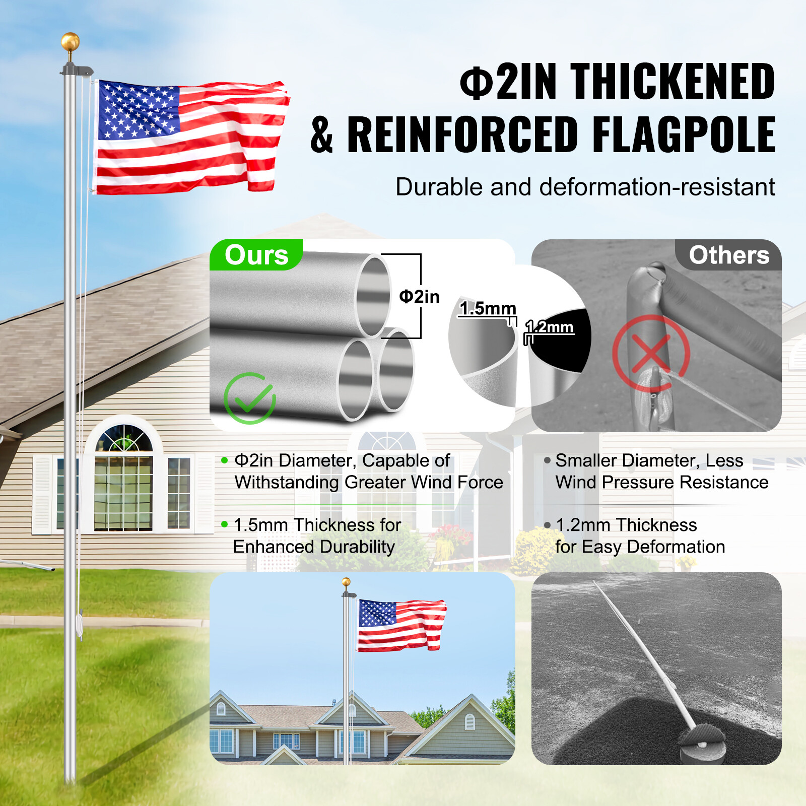 VEVOR 25FT Detachable Flagpole Kit Heavy Duty Aluminum Flag Pole American Silver