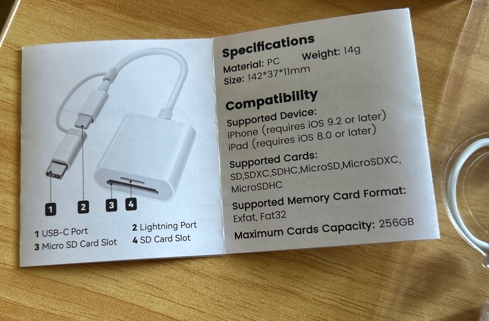 SD Card Reader for iPhone iPad USB-C Dual Connector Support SD / SD Card