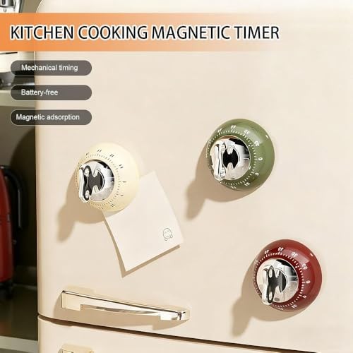 Retro Mechanical Kitchen Timer, Red, 60-Minute Countdown with Magnetic Back,
