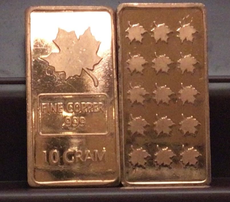 1 Bar 10 Grams .999 Copper Maple Leaf Bar