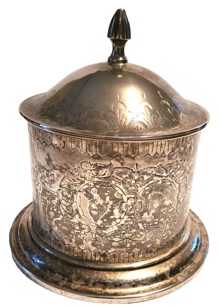Vintage Silverplated Floral Etched Covered Biscuit Box Made in India Decorative