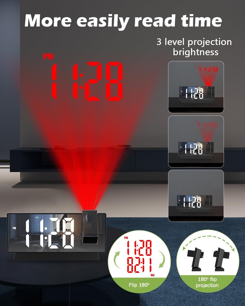 KeeKit Projection Alarm Clock with 180° Rotatable Display, Digital Mirror Clo...