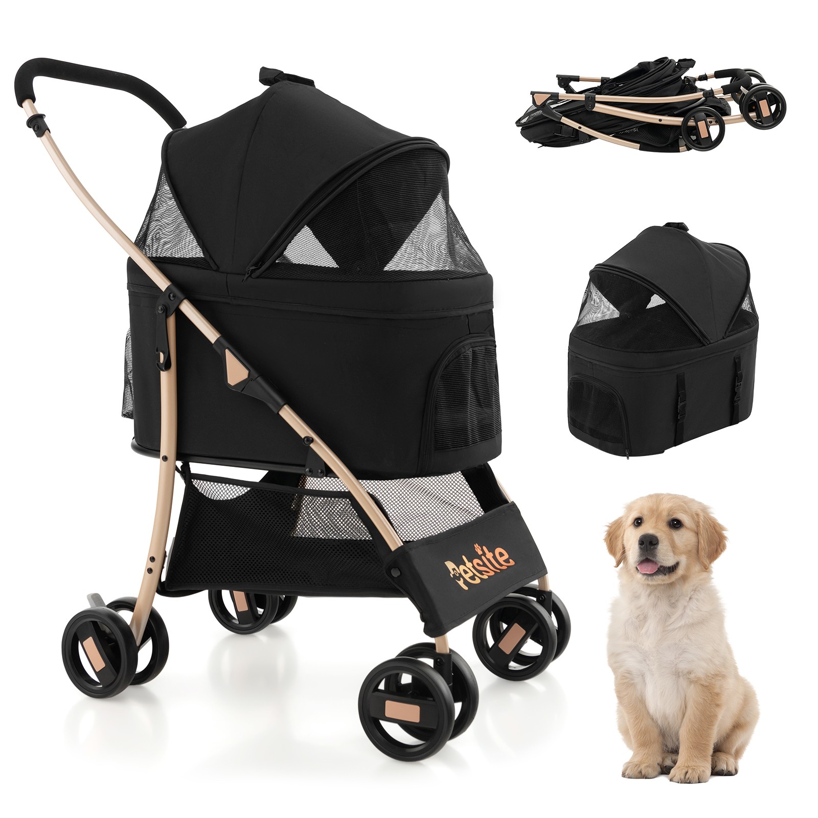 3-in-1 Foldable Pet Stroller with Storage Basket, Removable Car Seat Carrier