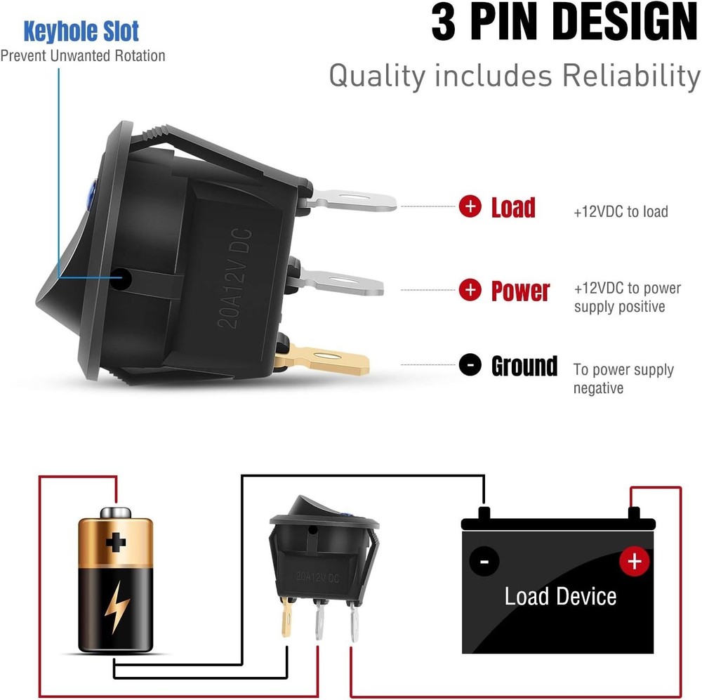 20A 12V Round Toggle LED Switches - 12PCS Panel Mount Rocker Control Assortment